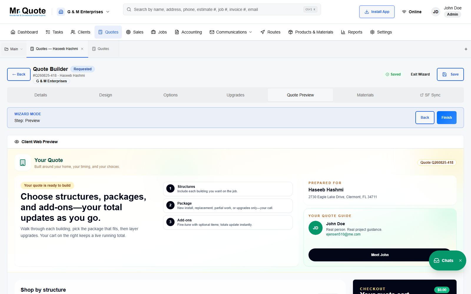 The client-facing quote view in MrQuote — prepared for a specific customer with a live checkout cart