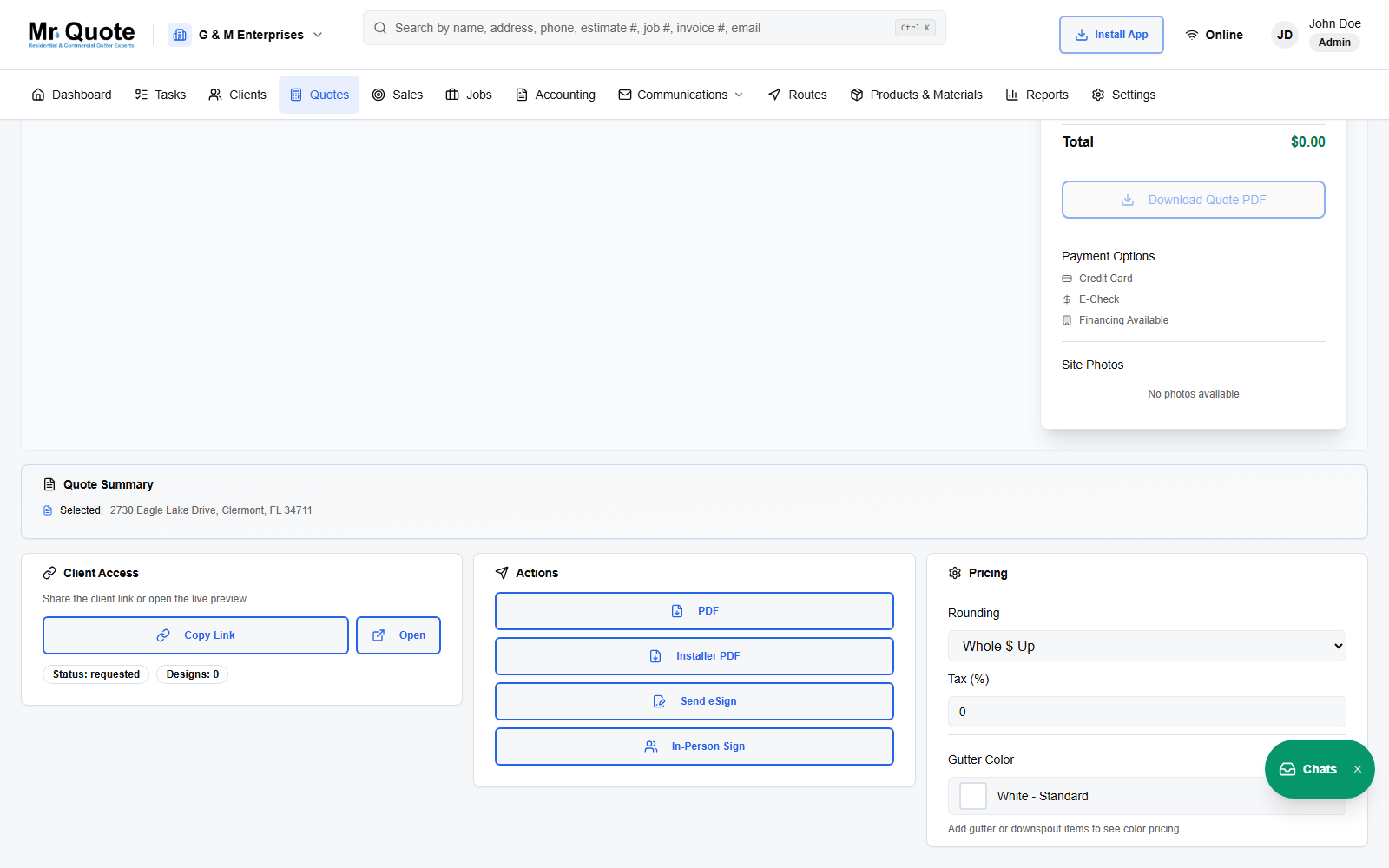 The checkout screen showing total, payment options, and Download Quote PDF